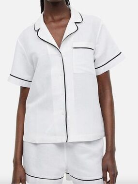 H&M Linen Blend Pajama Set White Black Piped Short Sleeve Shorts S